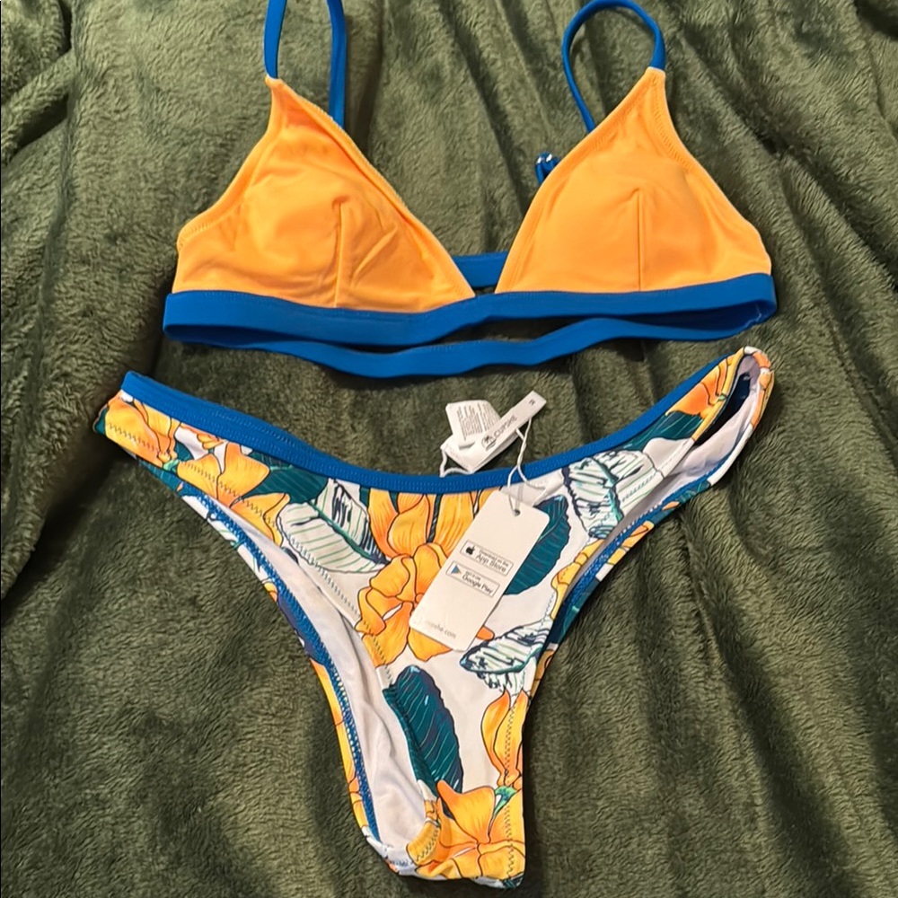 Cupshe NWT M SEXY CHEEKY Yellow Blue FLORAL STRAPPY BLOCK COLOR Bikini Set - Picture 3 of 8